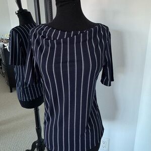 Ann Taylor Navy and White Striped Short Sleeve Top XS euc